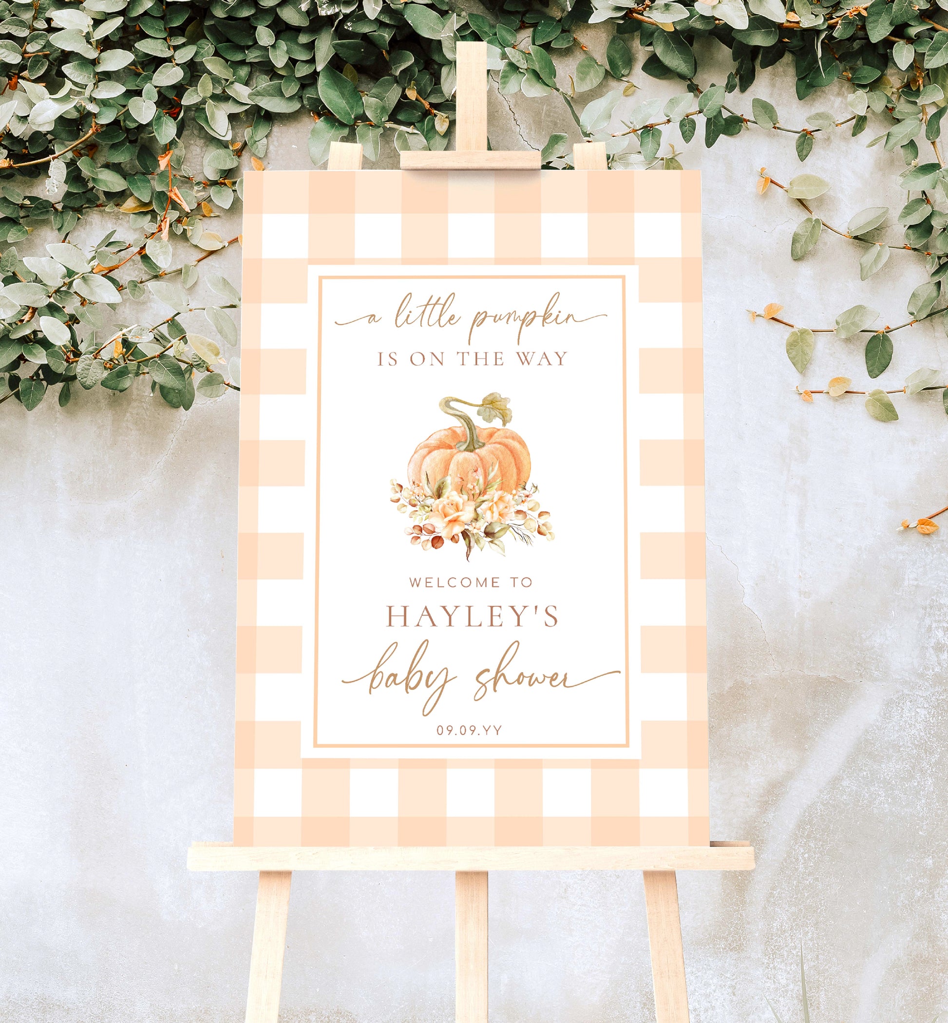 Peach Gingham Printable Welcome Sign, Fall A Little Pumpkin Is On The Way Gingham Check Welcome Sign, Gender Neutral Baby Shower Sign