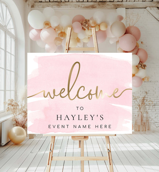 Printable Baby Shower Welcome Sign Template, Pink Watercolour, Girl Baby Shower Sign, Baby Sprinkle Sign, Birthday Welcome Sign