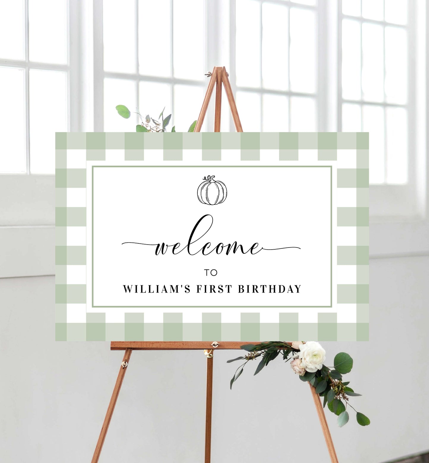 Sage Green Gingham Printable Welcome Sign, Fall Pumpkin Boy First Birthday Green Check Welcome Sign, Male Birthday Welcome Sign, Kids Party