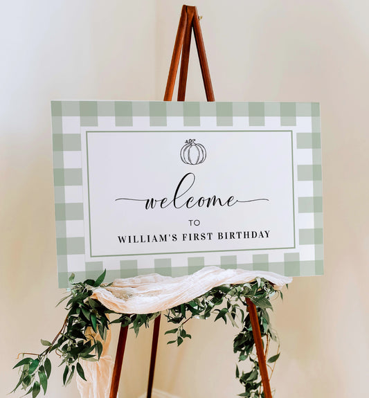 Sage Green Gingham Printable Welcome Sign, Fall Pumpkin Boy First Birthday Green Check Welcome Sign, Male Birthday Welcome Sign, Kids Party