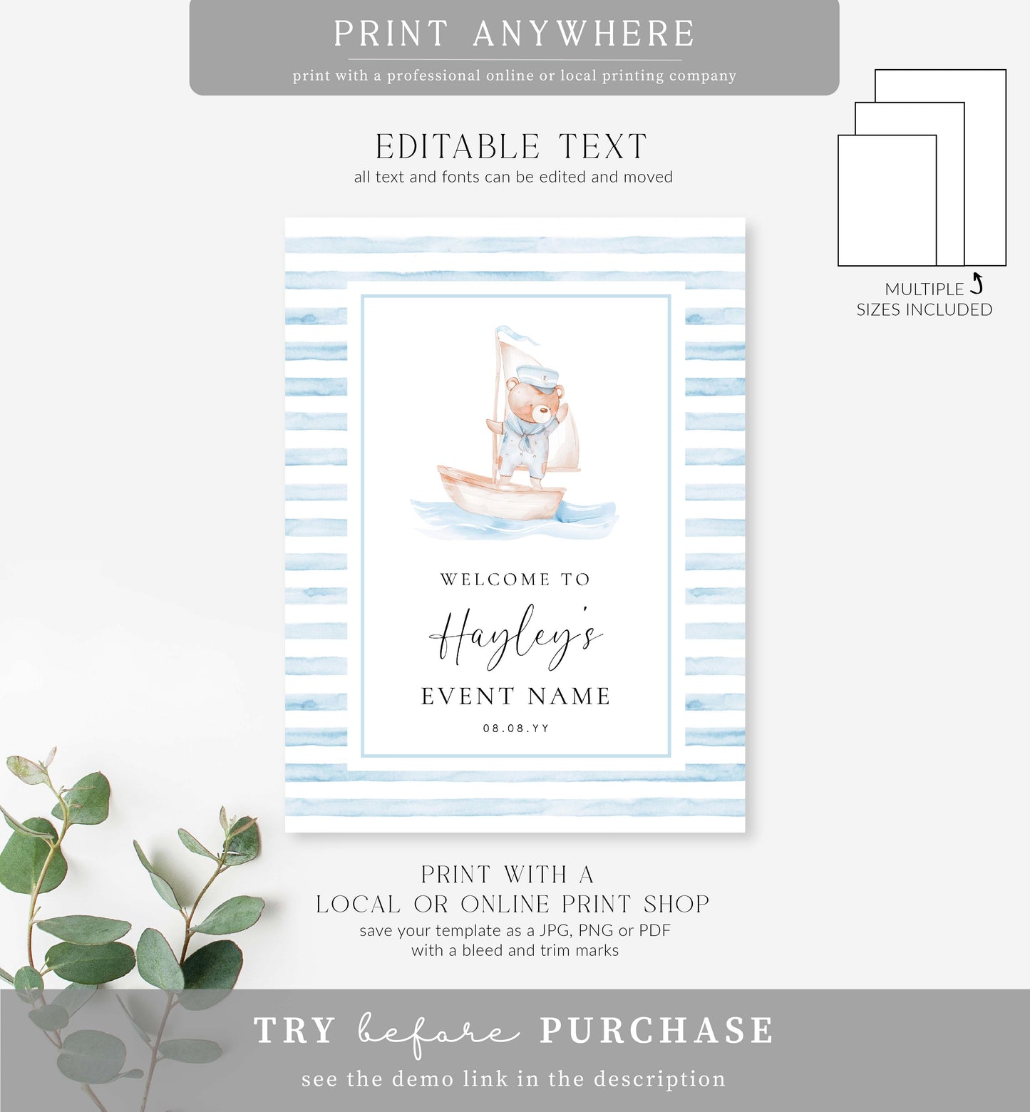 Sailor Bear Boat Blue | Printable Welcome Sign Template