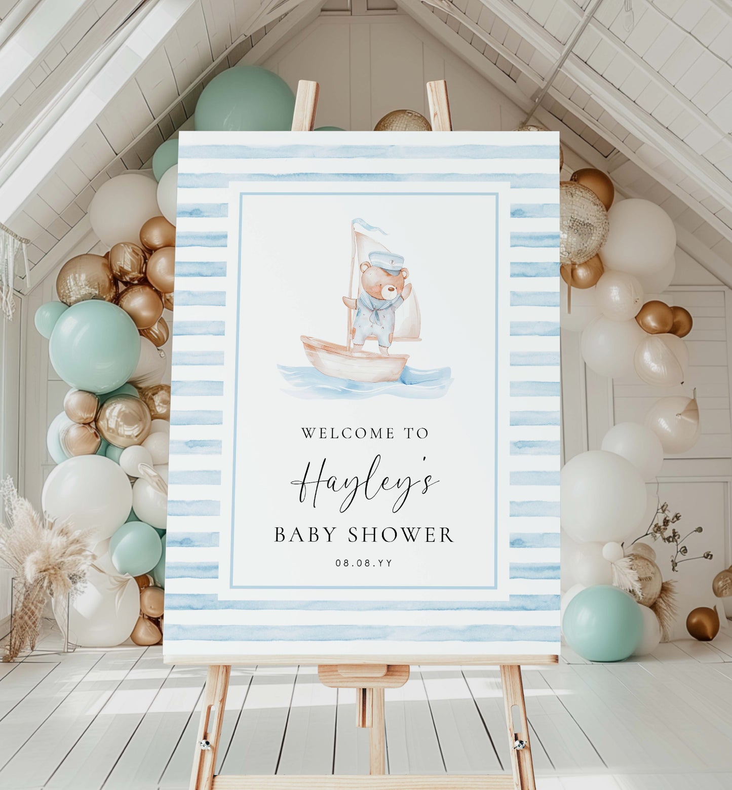 Printable Teddy Bear Welcome Sign Template, Sailor Bear, Blue Stripe Boy First Birthday Welcome Sign, Nautical Sailing Boat Welcome Sign