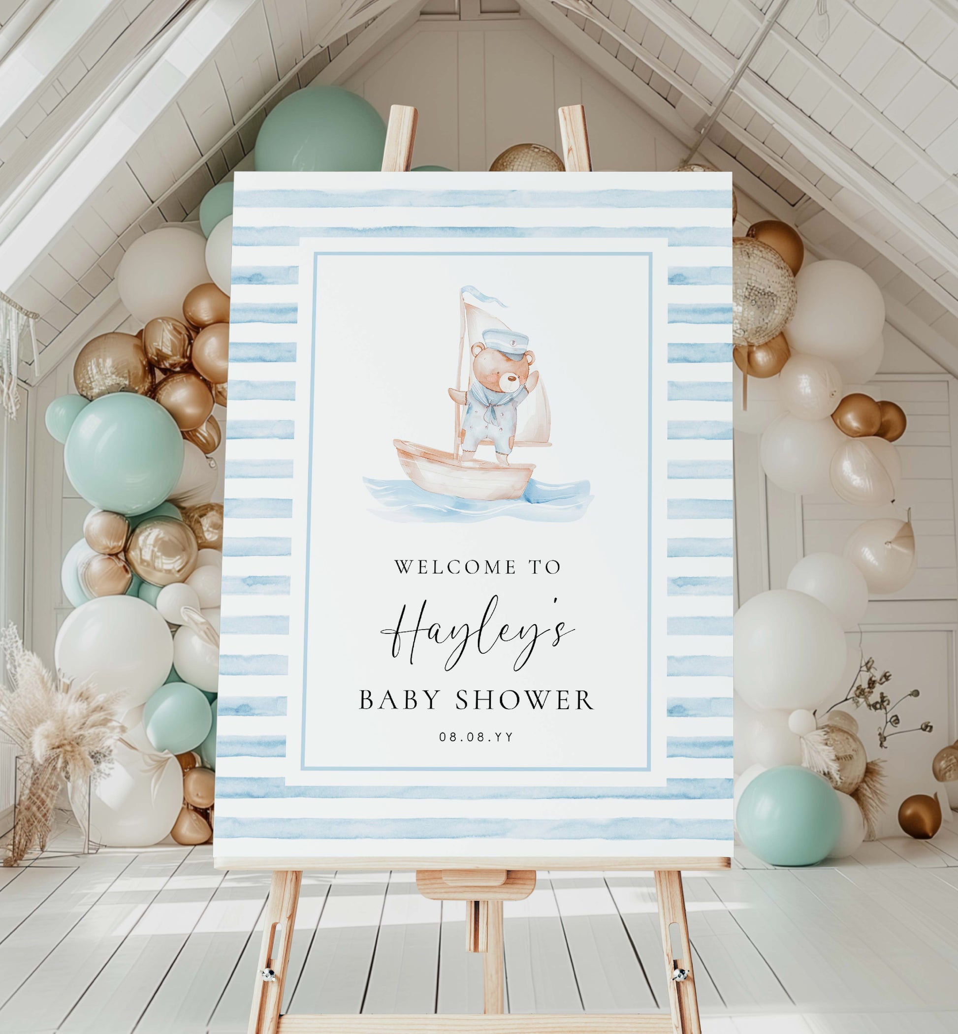 Printable Teddy Bear Welcome Sign Template, Sailor Bear, Blue Stripe Boy First Birthday Welcome Sign, Nautical Sailing Boat Welcome Sign