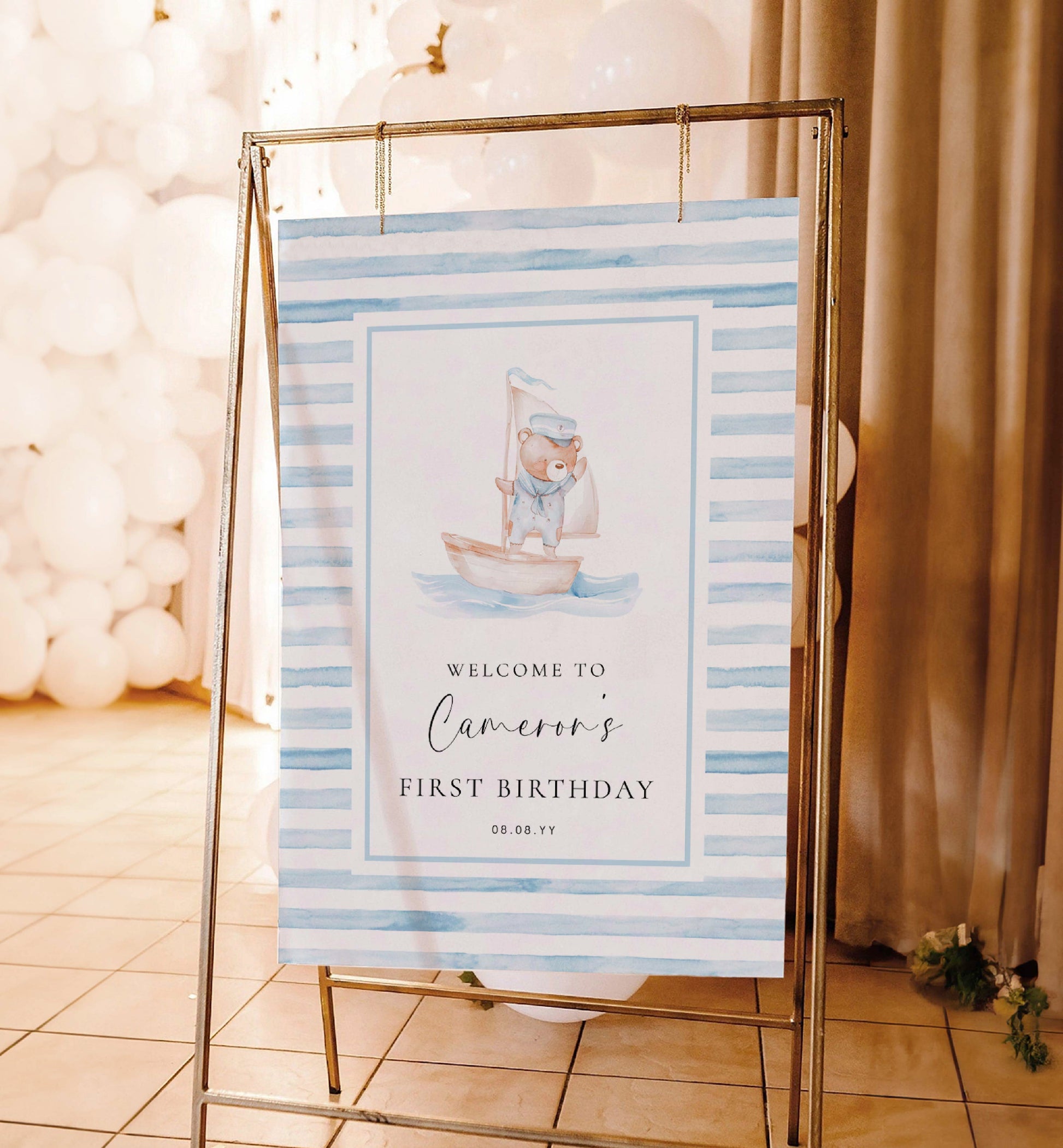 Printable Teddy Bear Welcome Sign Template, Sailor Bear, Blue Stripe Boy First Birthday Welcome Sign, Nautical Sailing Boat Welcome Sign