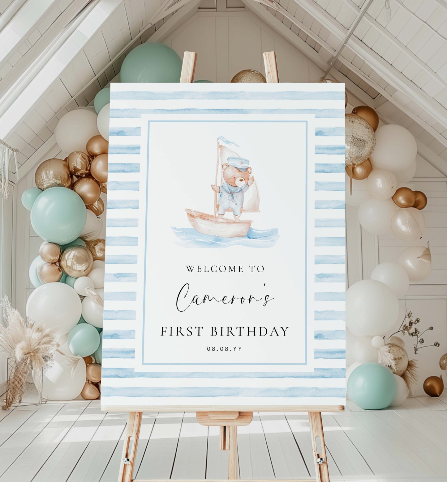 Sailor Bear Boat Blue | Printable Welcome Sign Template