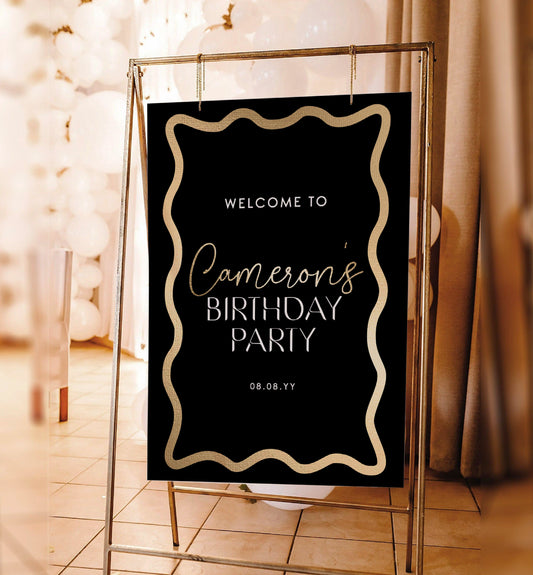 Printable Welcome Sign, Black Gold Wave, Printable Unisex Birthday Welcome Sign, Male Party Welcome Sign, Retirement Party, Curvy Line