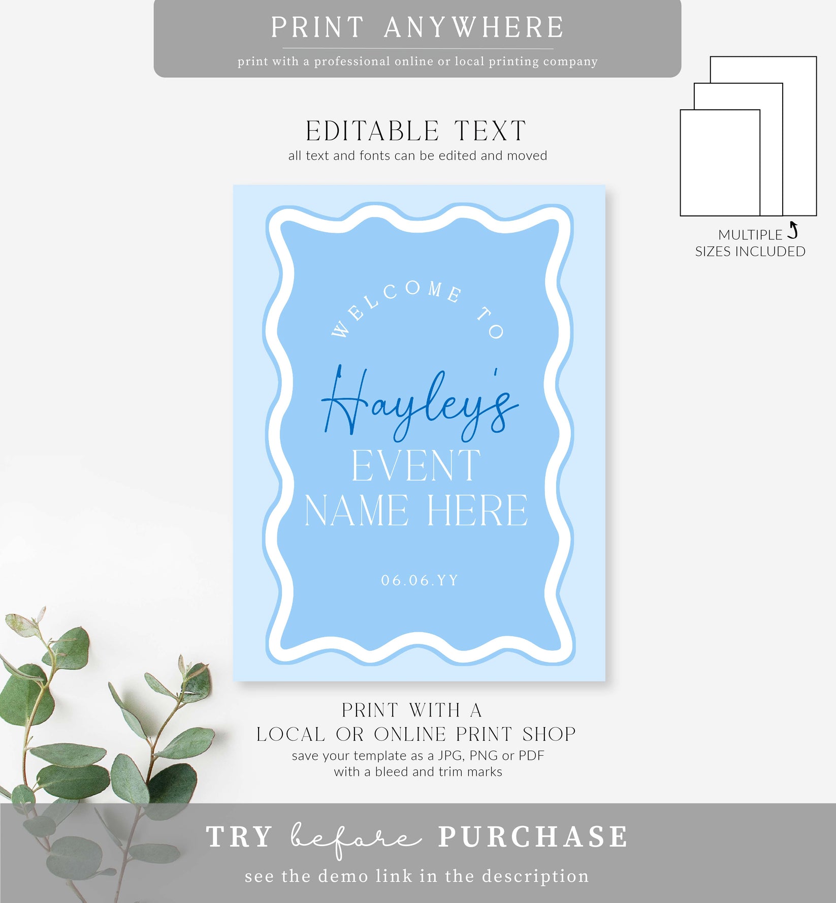Wave Blue | Printable Welcome Sign Template – Black Bow Studio