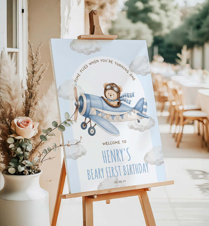Teddy Bear 1st Birthday Welcome Sign, Beary First Blue Aeroplane (Printable Template)