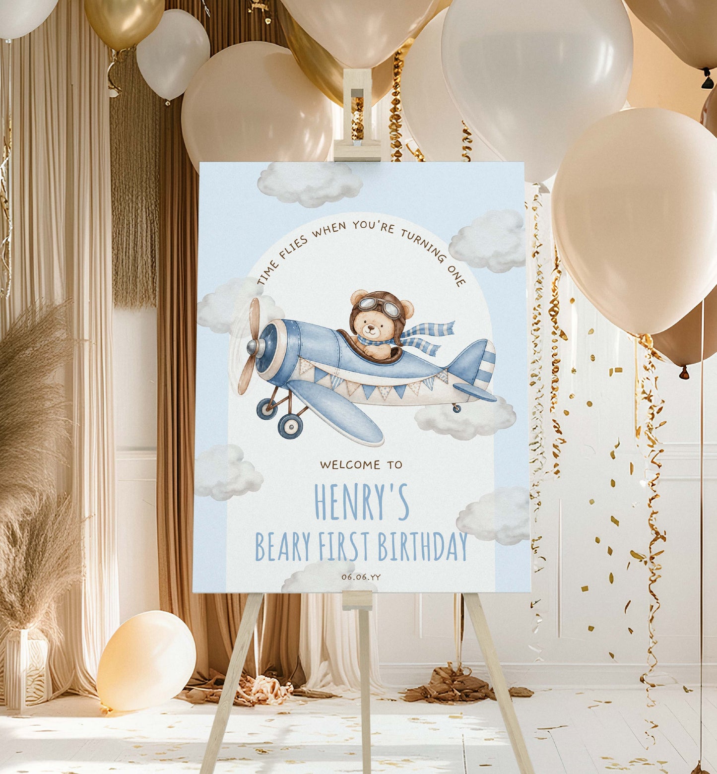 Teddy Bear 1st Birthday Welcome Sign, Beary First Blue Aeroplane (Printable Template)