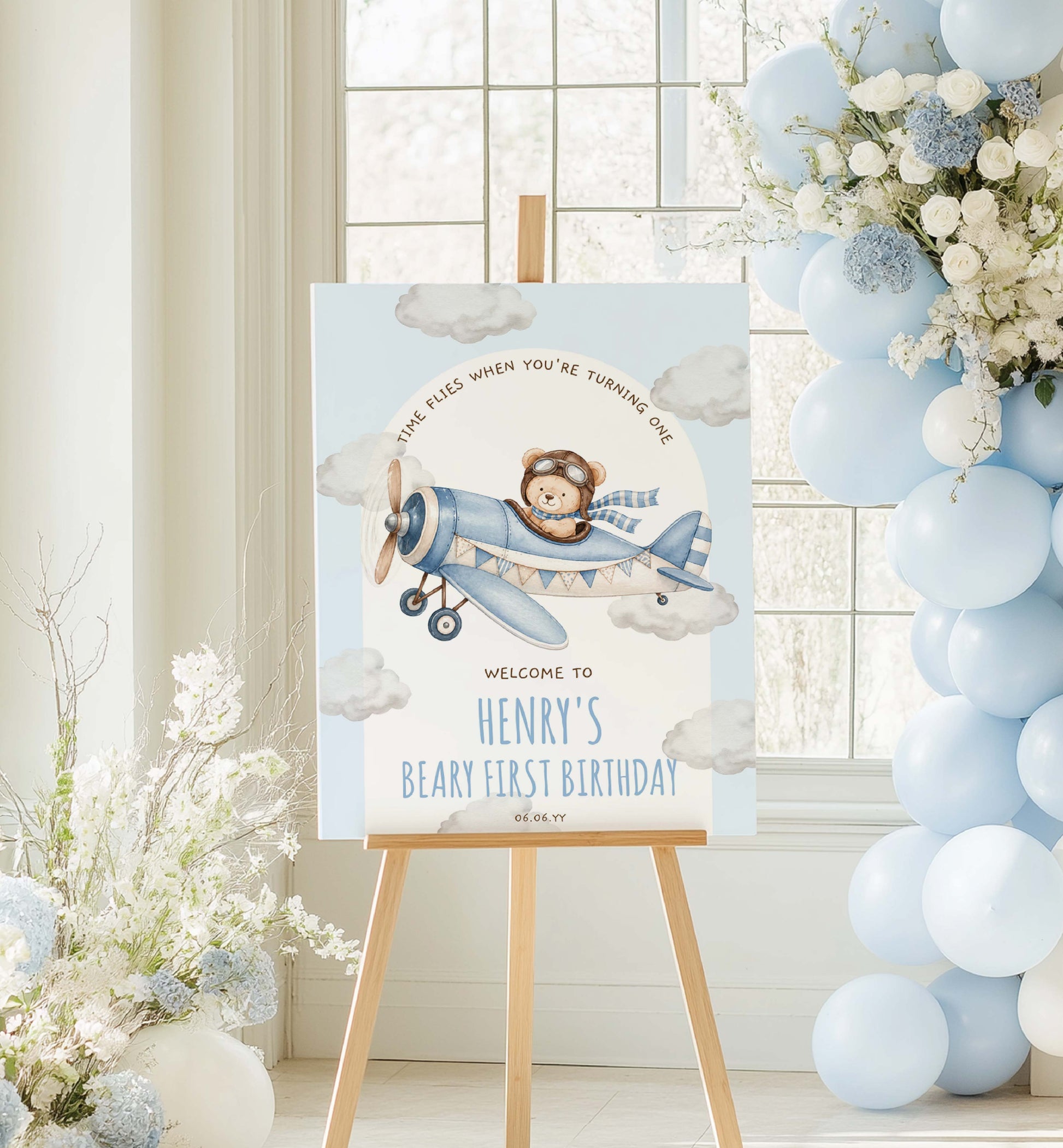 Teddy Bear 1st Birthday Welcome Sign, Beary First Blue Aeroplane (Printable Template)