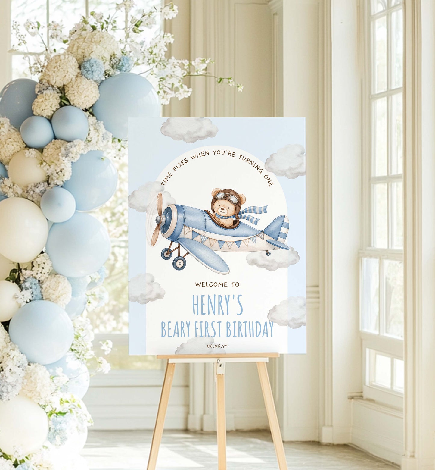 Teddy Bear 1st Birthday Welcome Sign, Beary First Blue Aeroplane (Printable Template)