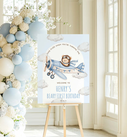 Teddy Bear 1st Birthday Welcome Sign, Beary First Blue Aeroplane (Printable Template)