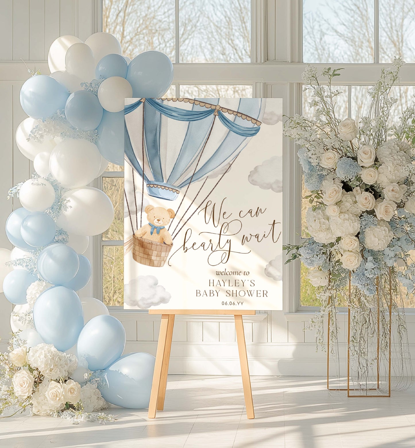 Printable Teddy Bear Welcome Sign Template, We Can Bearly Wait Baby Shower Welcome Sign, Blue Hot Air Balloon Baby Shower Welcome Sign