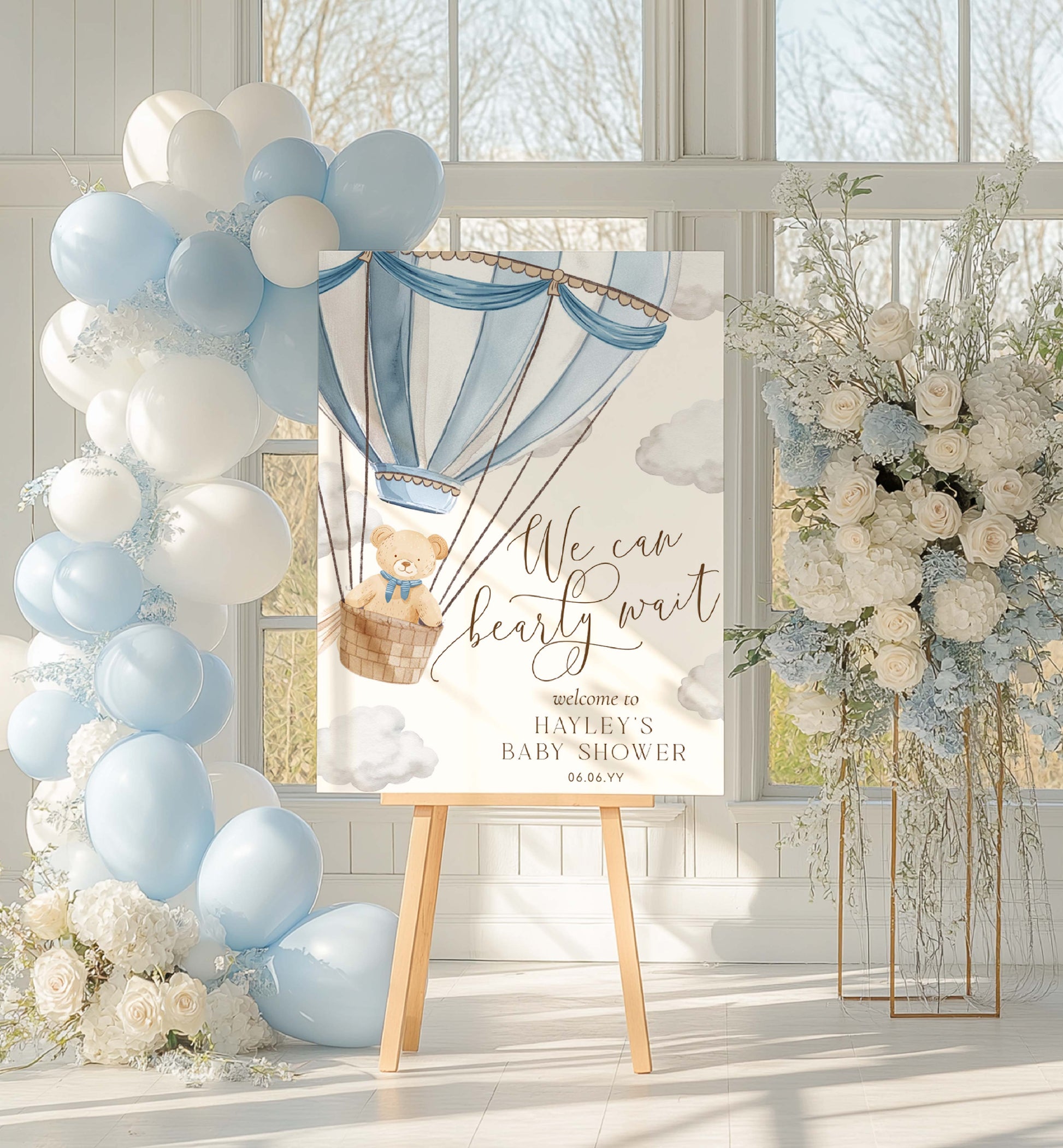 Printable Teddy Bear Welcome Sign Template, We Can Bearly Wait Baby Shower Welcome Sign, Blue Hot Air Balloon Baby Shower Welcome Sign