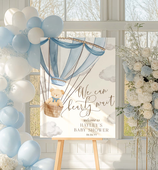 Printable Teddy Bear Welcome Sign Template, We Can Bearly Wait Baby Shower Welcome Sign, Blue Hot Air Balloon Baby Shower Welcome Sign