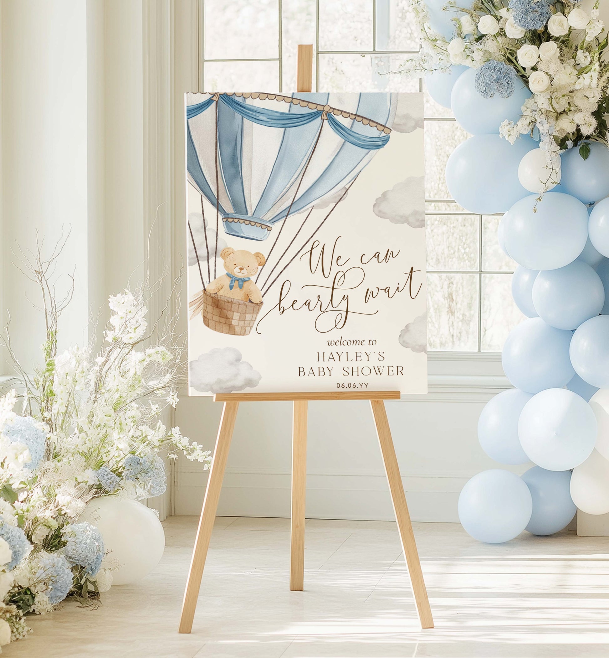 Printable Teddy Bear Welcome Sign Template, We Can Bearly Wait Baby Shower Welcome Sign, Blue Hot Air Balloon Baby Shower Welcome Sign