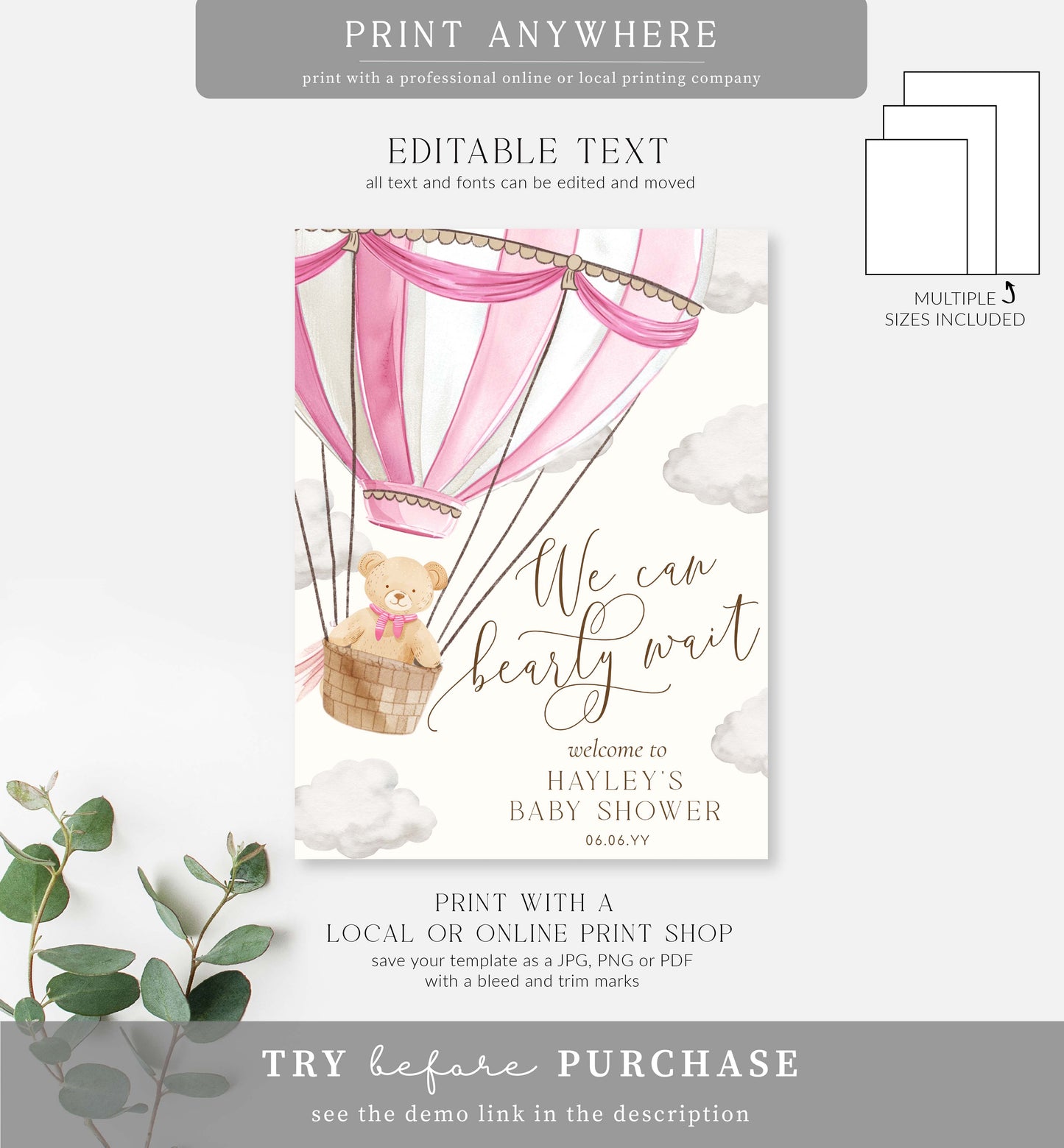 Bearly Wait Pink | Printable Welcome Sign Template