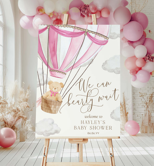 Printable Teddy Bear Welcome Sign Template, We Can Bearly Wait Baby Shower Welcome Sign, Pink Hot Air Balloon Baby Shower Welcome Sign