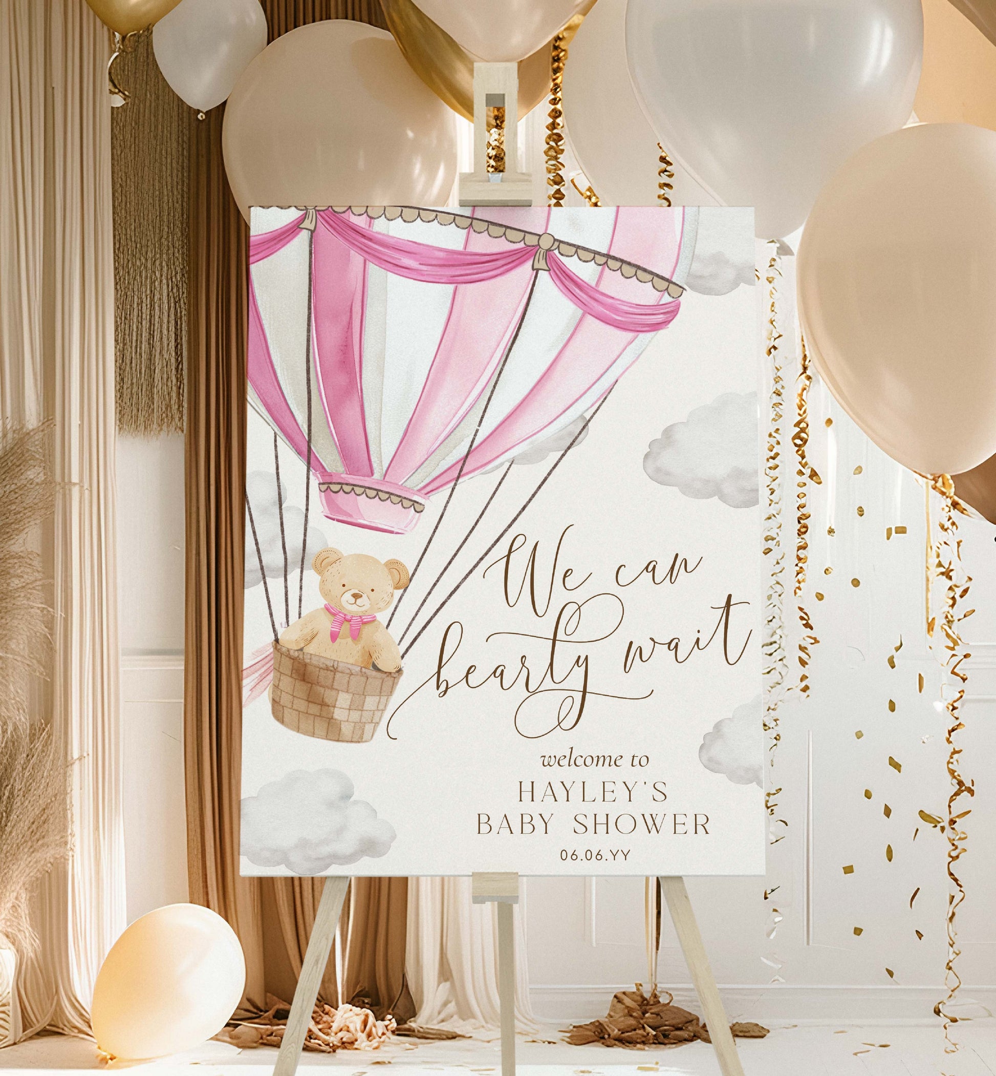 Printable Teddy Bear Welcome Sign Template, We Can Bearly Wait Baby Shower Welcome Sign, Pink Hot Air Balloon Baby Shower Welcome Sign