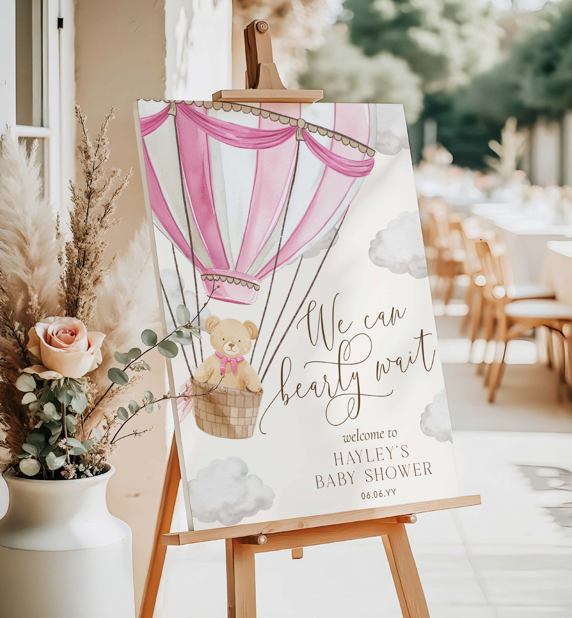 Printable Teddy Bear Welcome Sign Template, We Can Bearly Wait Baby Shower Welcome Sign, Pink Hot Air Balloon Baby Shower Welcome Sign