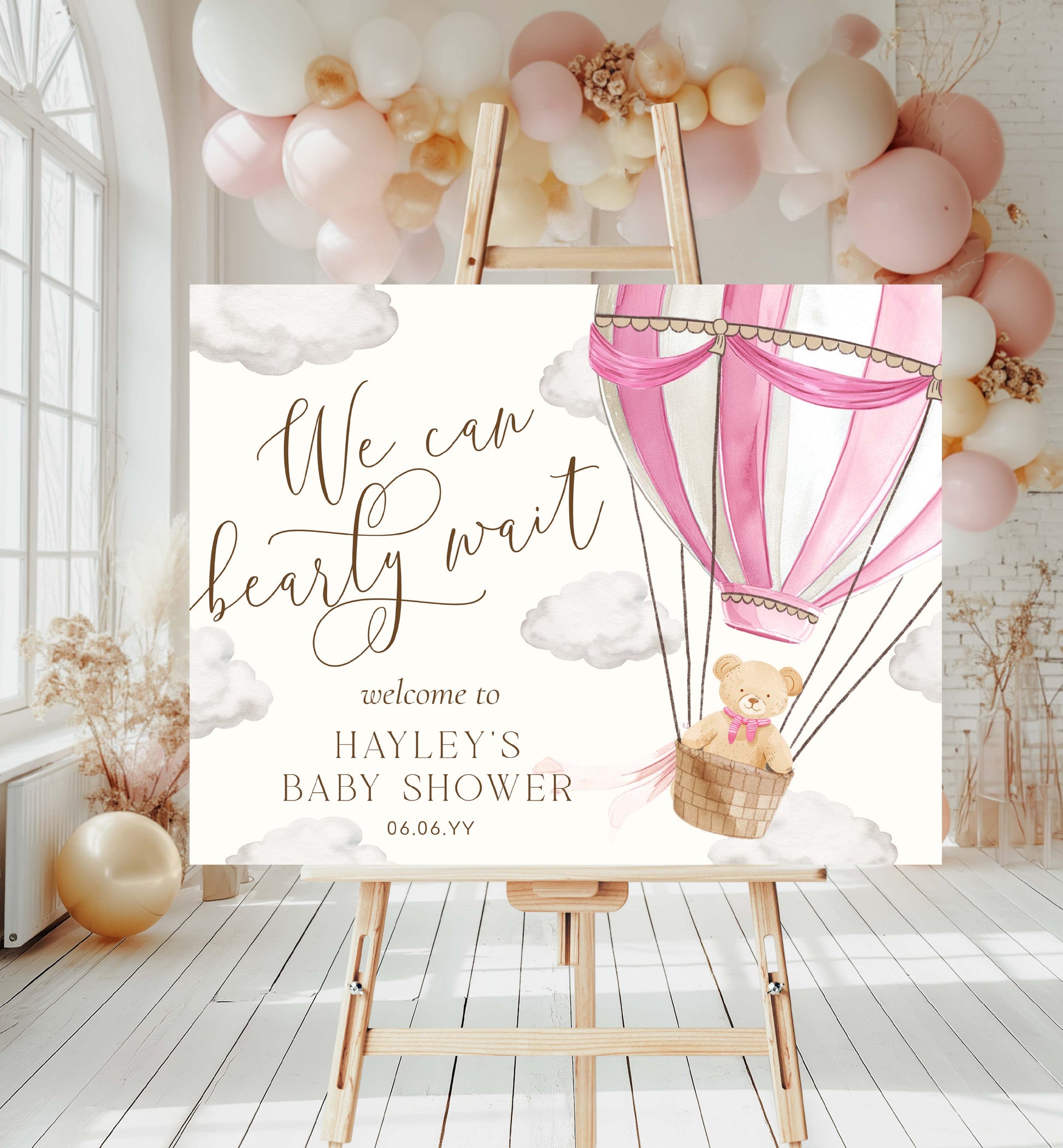 Printable Teddy Bear Welcome Sign Template, We Can Bearly Wait Baby Shower Welcome Sign, Pink Hot Air Balloon Baby Shower Welcome Sign