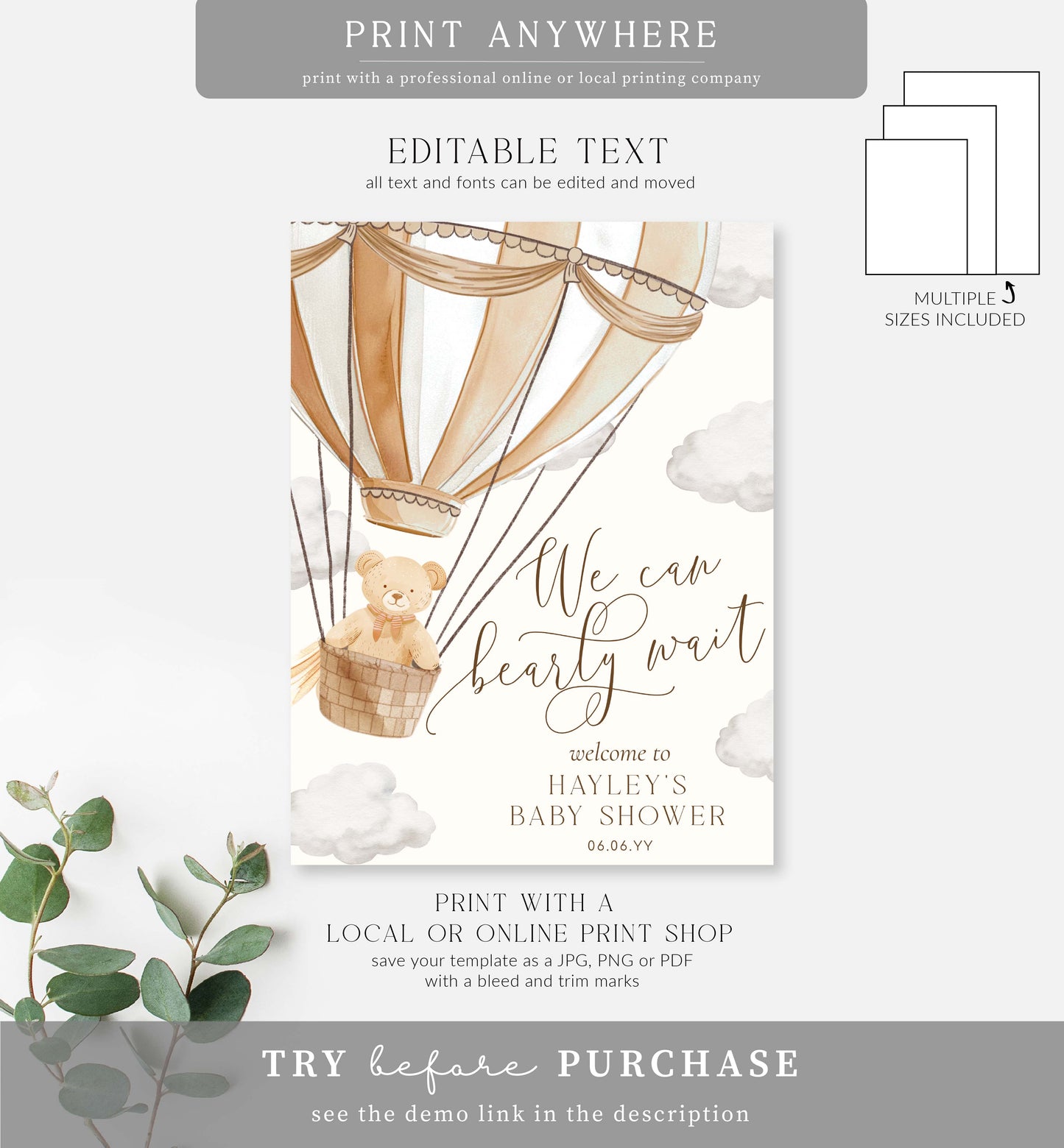 Bearly Wait Tan | Printable Welcome Sign Template
