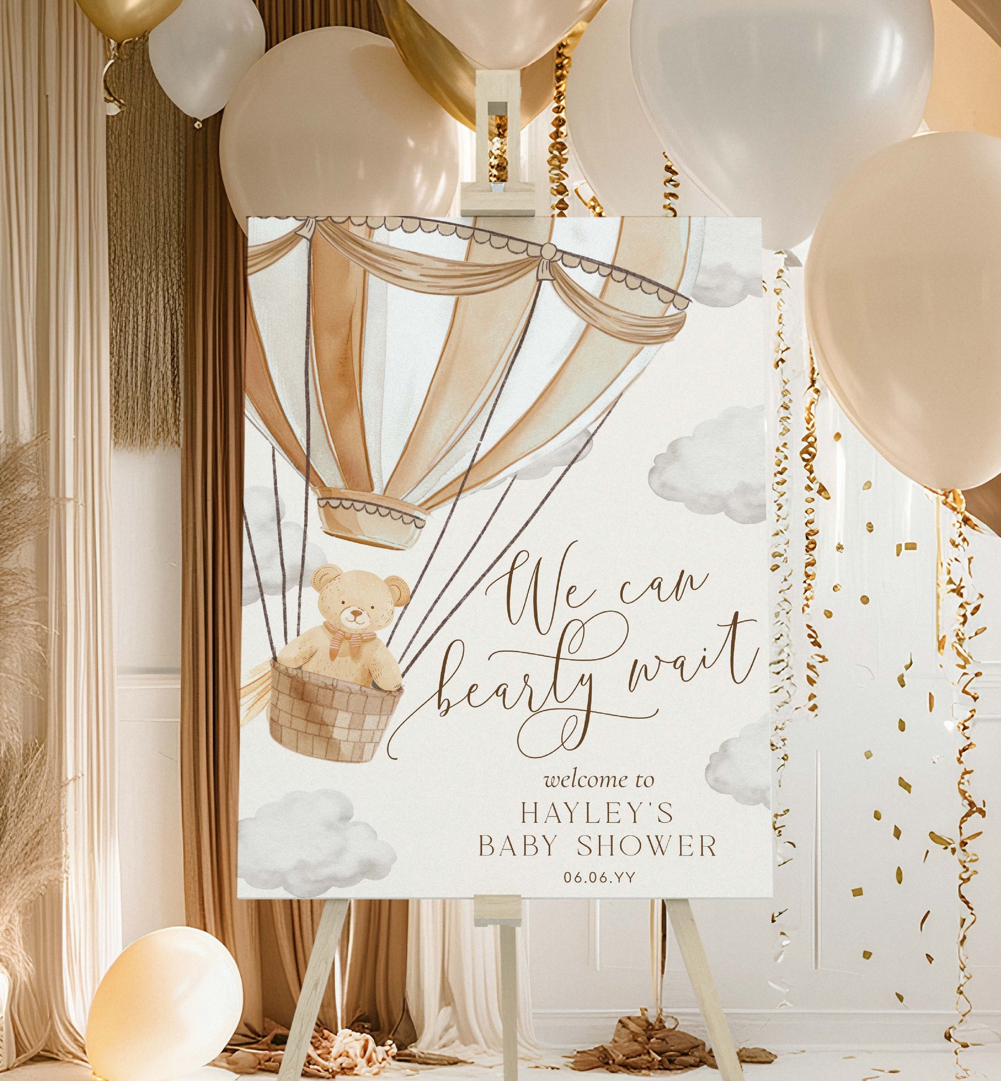 Printable Teddy Bear Welcome Sign Template, We Can Bearly Wait Baby Shower Welcome Sign, Brown Hot Air Balloon Baby Shower Welcome Sign