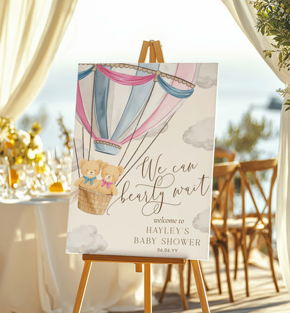 Baby shower sign with teddy bears and hot air balloon design on an easel. Printable We Can Bearly Wait Hot Air Balloon Boy and Girl Twins Teddy Bear Welcome Sign Template