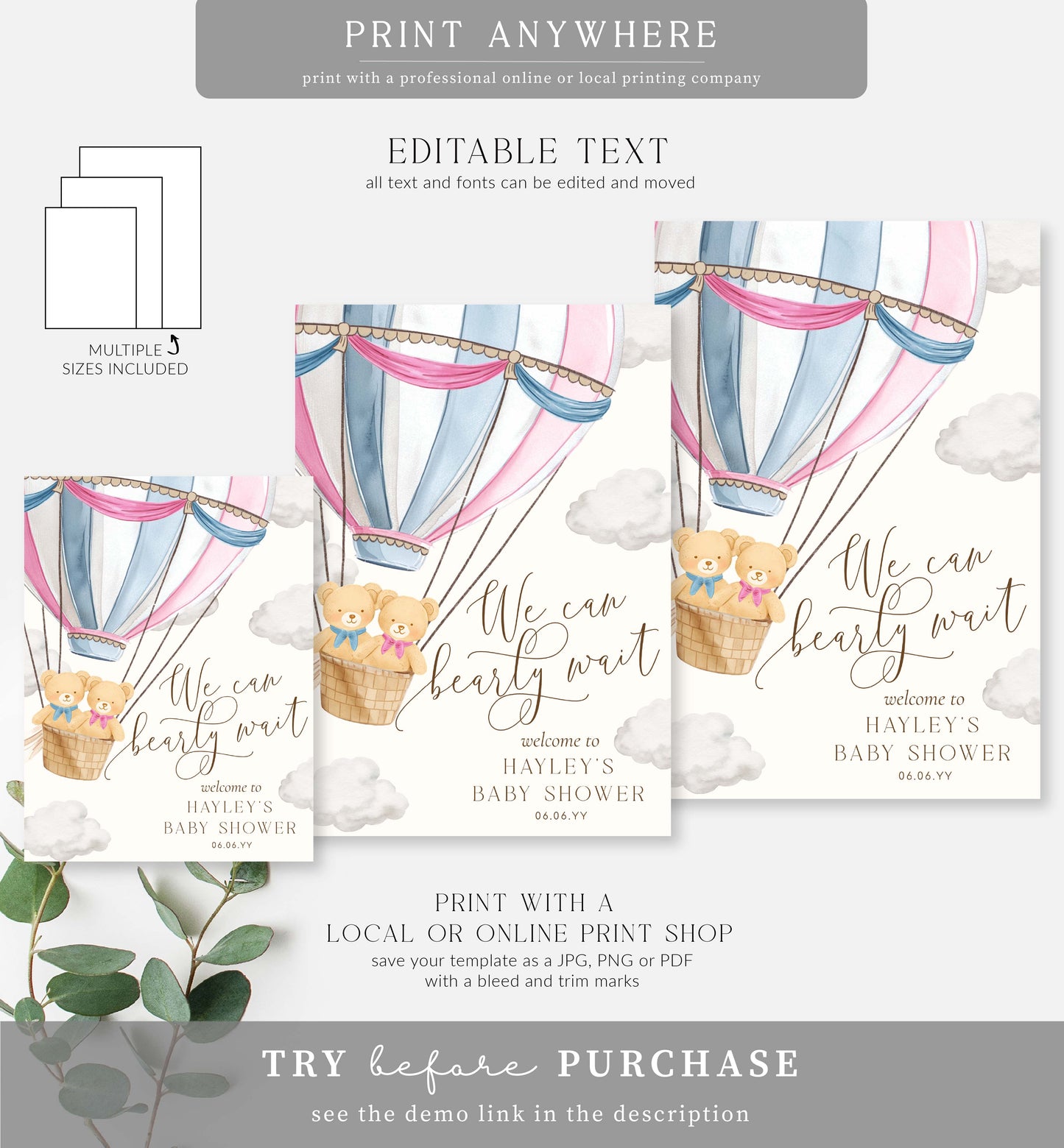Bearly Wait Pink Blue | Printable Twins Welcome Sign Template