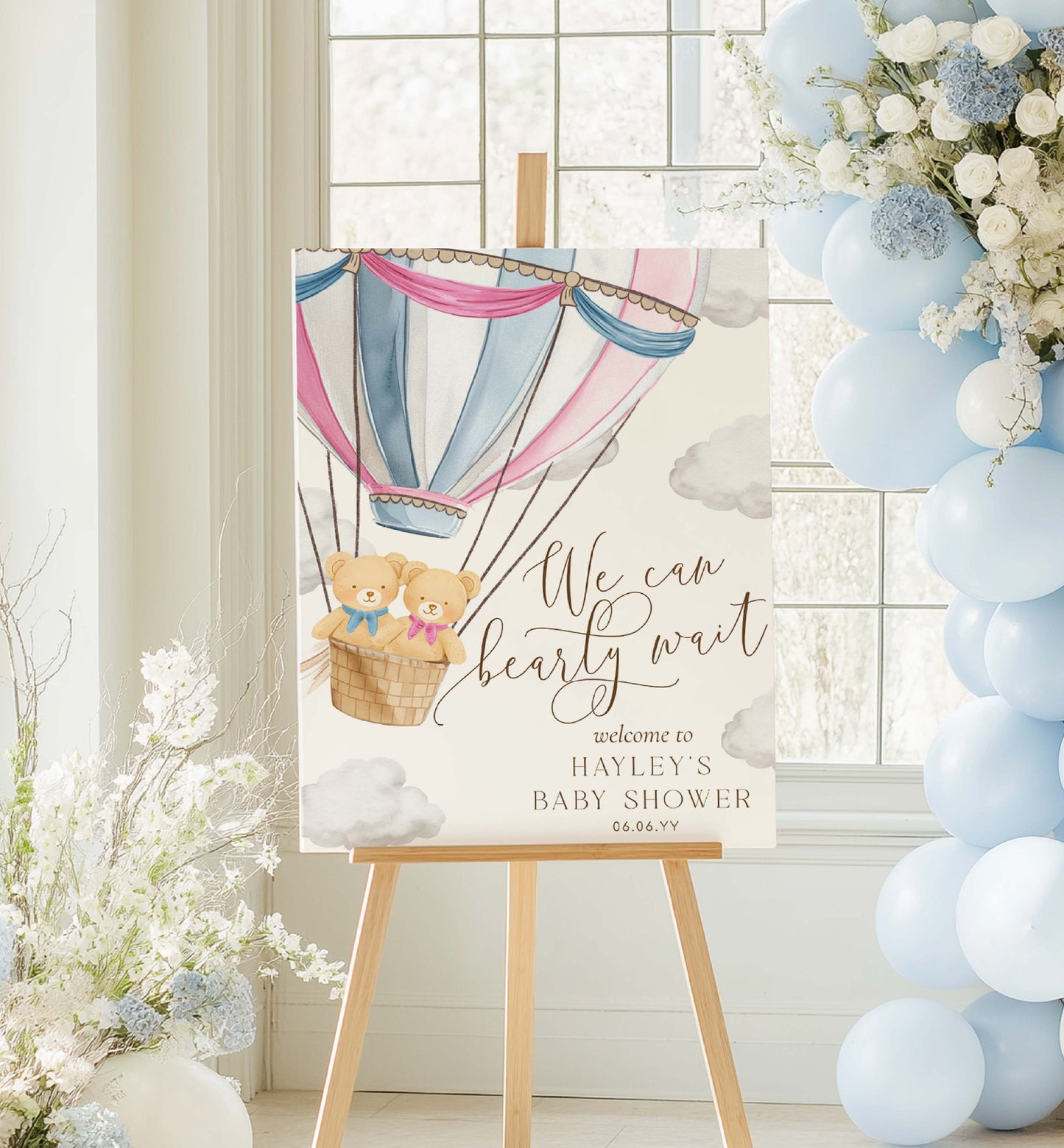 Baby shower sign with teddy bears and balloons, surrounded by flowers and balloons. Printable We Can Bearly Wait Hot Air Balloon Boy and Girl Twins Teddy Bear Welcome Sign Template