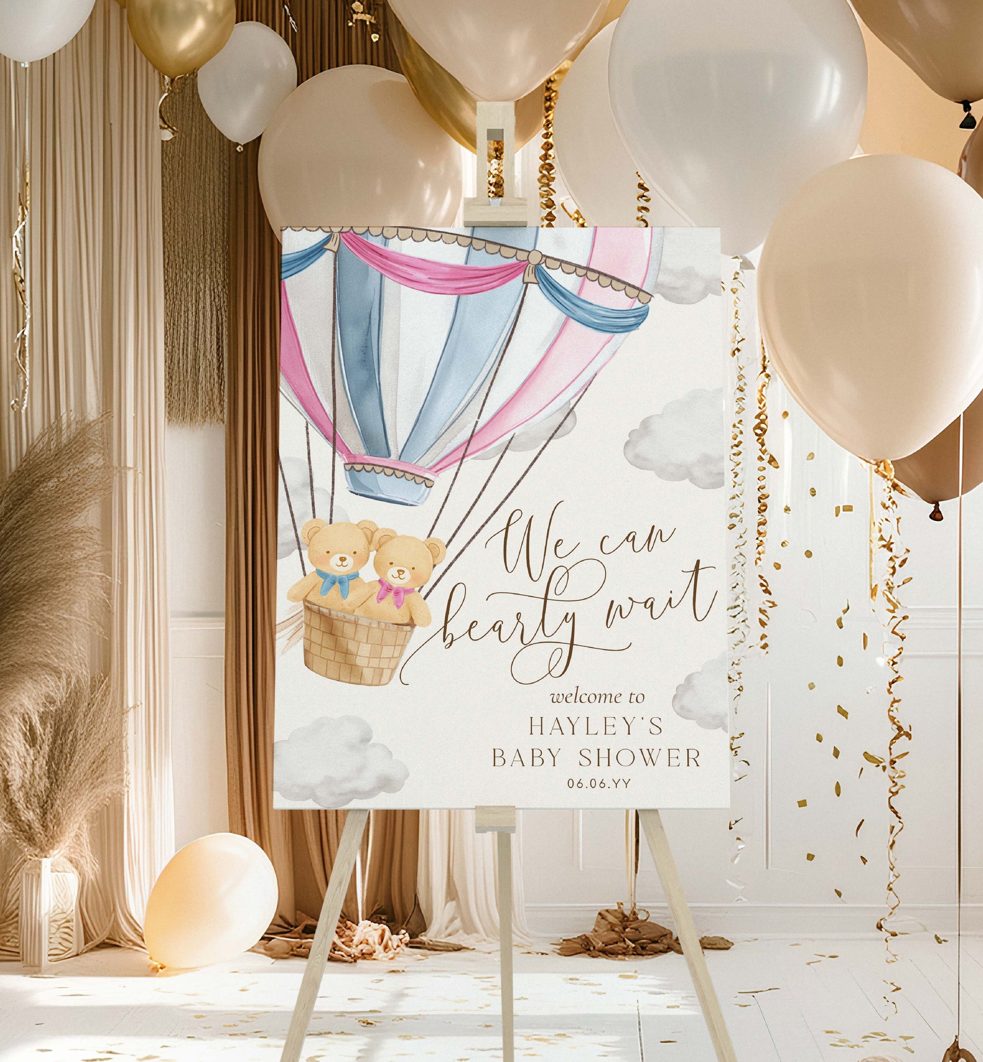Baby shower decoration with balloons and a sign featuring teddy bears and text. Printable We Can Bearly Wait Hot Air Balloon Boy and Girl Twins Teddy Bear Welcome Sign Template
