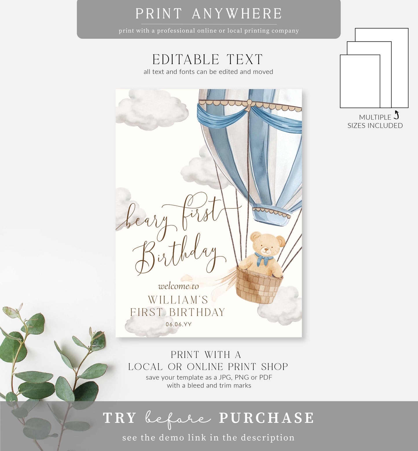 Beary First Blue | Printable Welcome Sign Template