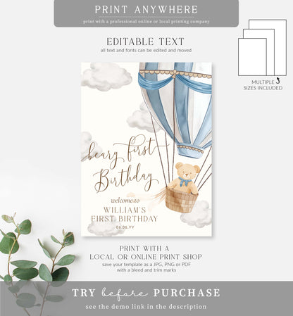 Beary First Blue | Printable Welcome Sign Template
