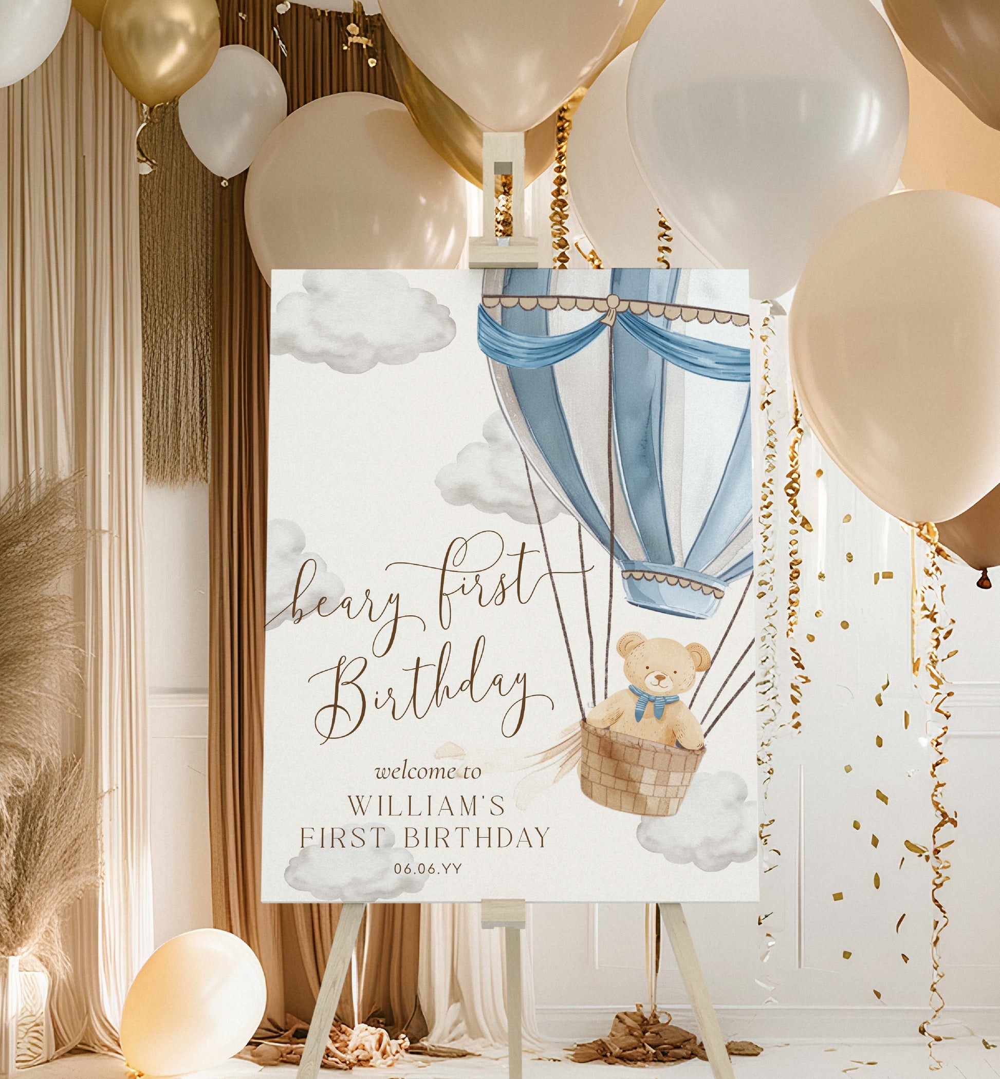 Decorative sign for a bear's first birthday with balloons and teddy bear illustration. Printable Teddy Bear Welcome Sign Template, Beary First Birthday Welcome Sign, Blue Hot Air Balloon 1st Birthday Welcome Sign