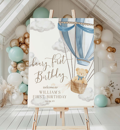 Decorative sign for a bear's first birthday with balloons and teddy bear design. Printable Teddy Bear Welcome Sign Template, Beary First Birthday Welcome Sign, Blue Hot Air Balloon 1st Birthday Welcome Sign