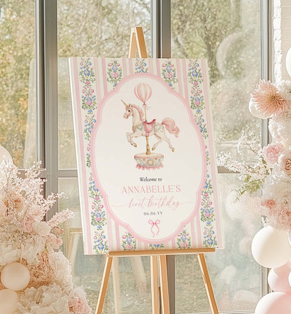 Decorative sign for a unicorn-themed birthday party on an easel with floral decorations. Carousel Horse Welcome Sign, Printable First Birthday Welcome Sign, Girl First Birthday, Whimsical Pink Vintage Circus Unicorn Horse