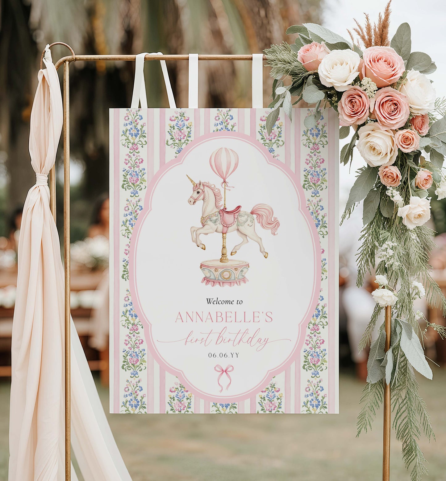 Decorative sign with unicorn design and floral elements on a stand with flowers and ribbons. Carousel Horse Welcome Sign, Printable First Birthday Welcome Sign, Girl First Birthday, Whimsical Pink Vintage Circus Unicorn Horse