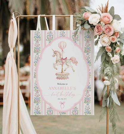 Decorative sign with unicorn design and floral elements on a stand with flowers and ribbons. Carousel Horse Welcome Sign, Printable First Birthday Welcome Sign, Girl First Birthday, Whimsical Pink Vintage Circus Unicorn Horse