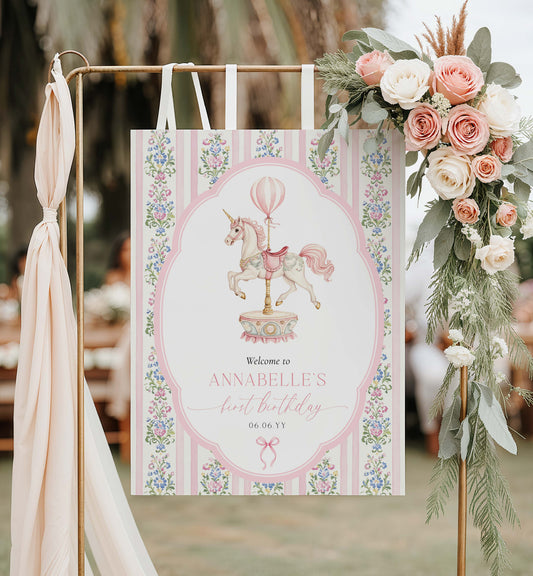 Decorative sign with unicorn design and floral elements on a stand with flowers and ribbons. Carousel Horse Welcome Sign, Printable First Birthday Welcome Sign, Girl First Birthday, Whimsical Pink Vintage Circus Unicorn Horse