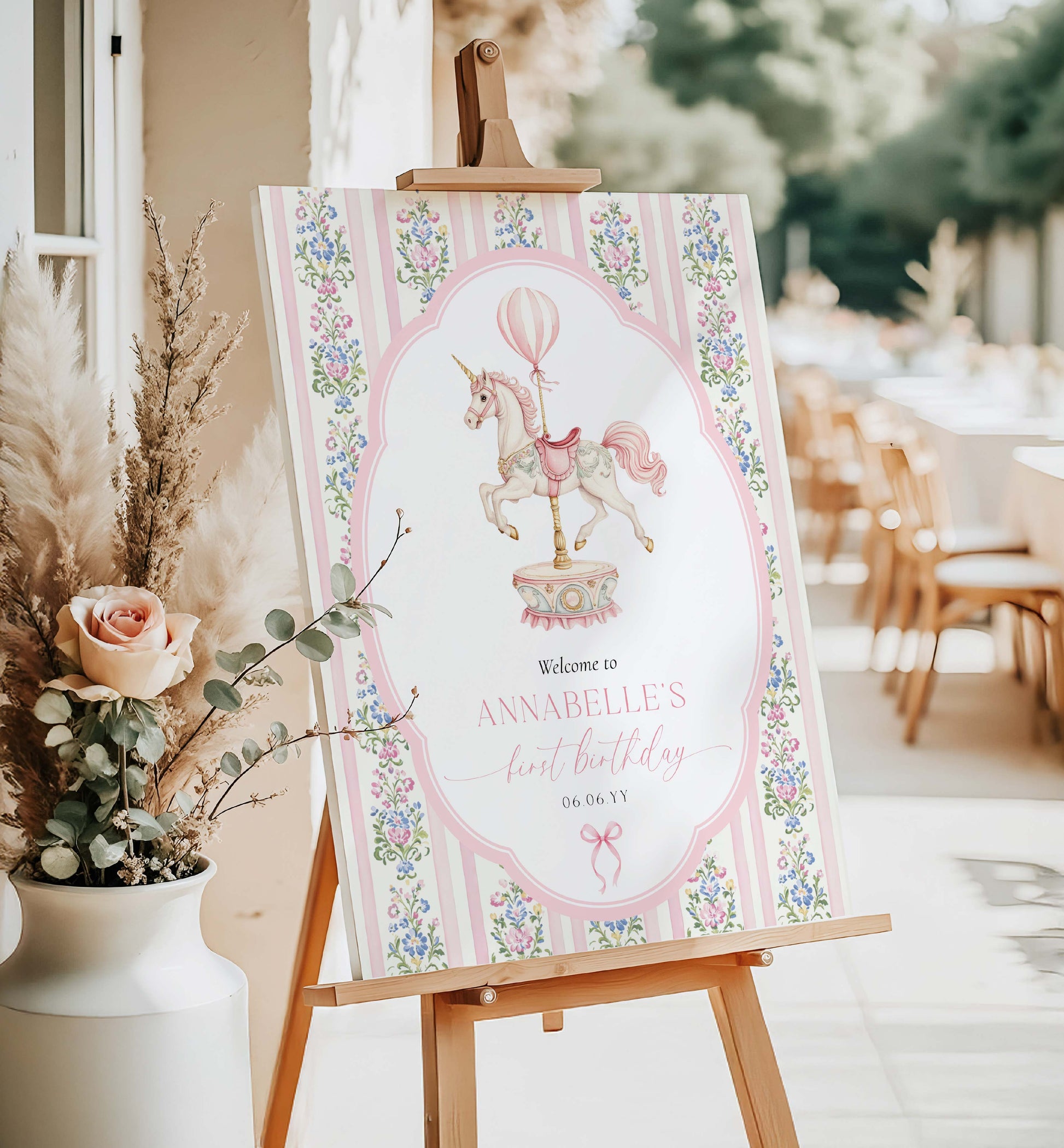 Decorative sign with unicorn design on an easel at a birthday party setup. Carousel Horse Welcome Sign, Printable First Birthday Welcome Sign, Girl First Birthday, Whimsical Pink Vintage Circus Unicorn Horse