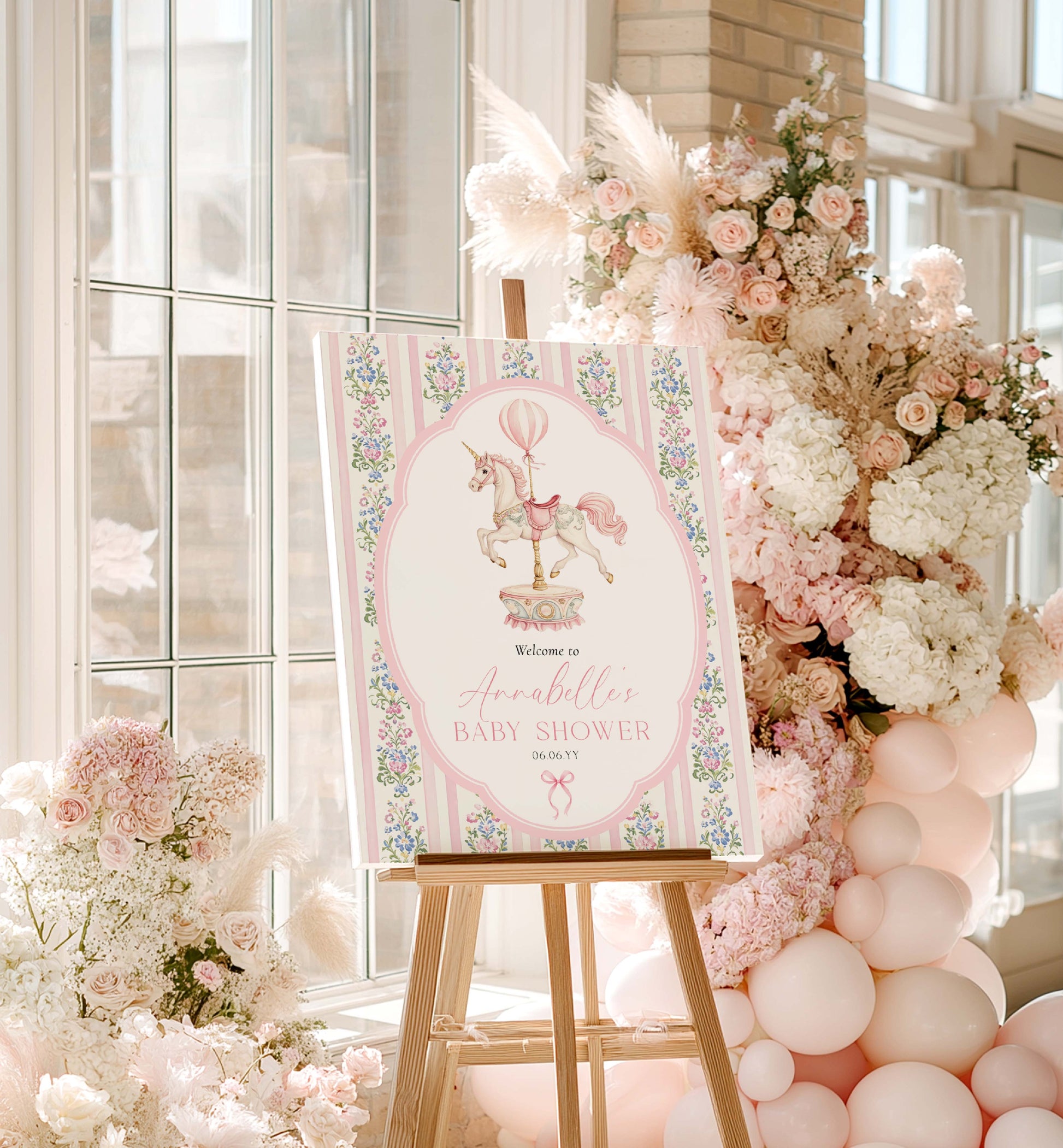 Carousel Horse Girl Baby Shower Printable Welcome Sign, Pink Whimsical Pink Vintage Circus Unicorn