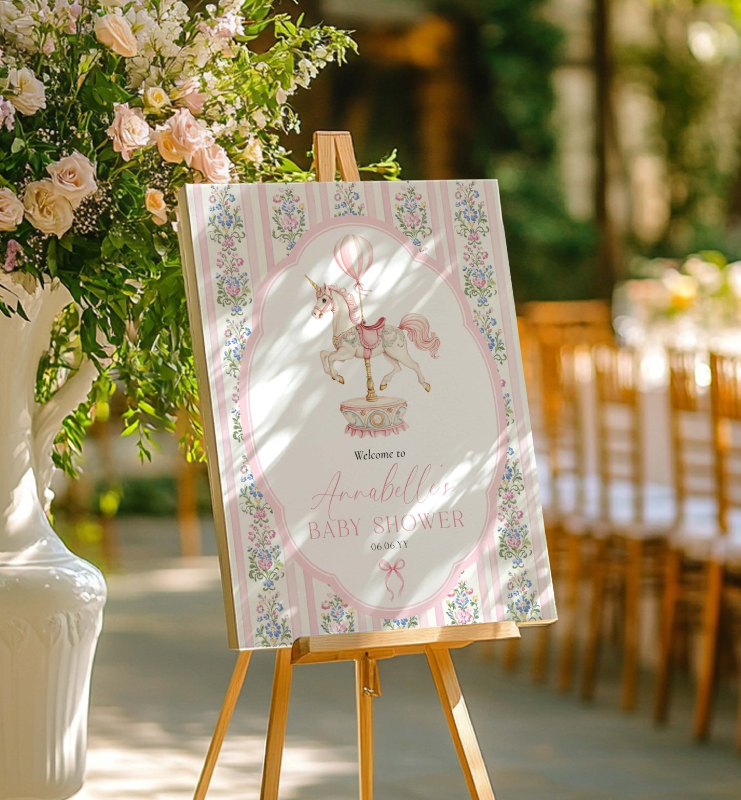 Carousel Horse Girl Baby Shower Printable Welcome Sign, Pink Whimsical Pink Vintage Circus Unicorn