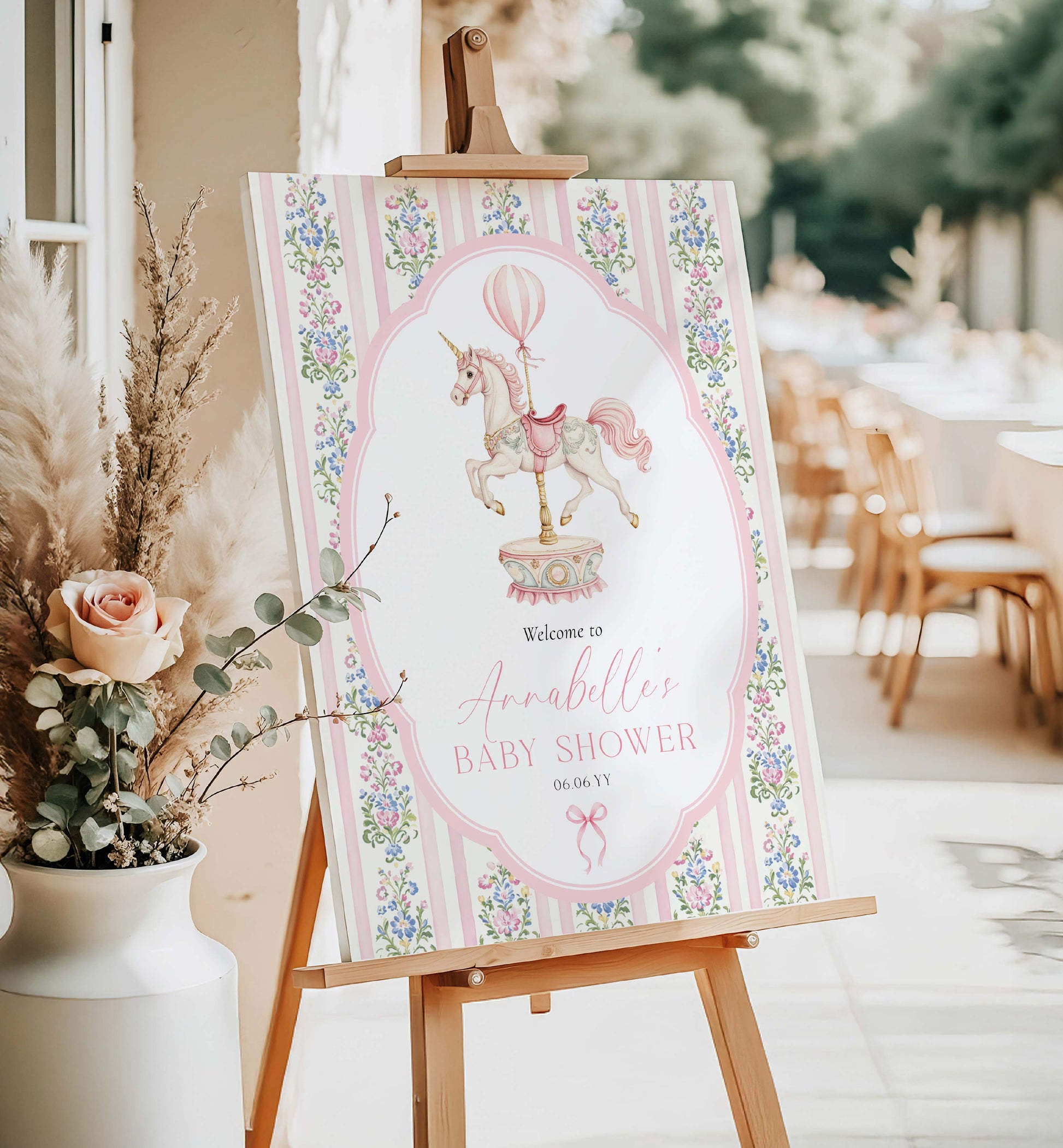 Carousel Horse Girl Baby Shower Printable Welcome Sign, Pink Whimsical Pink Vintage Circus Unicorn