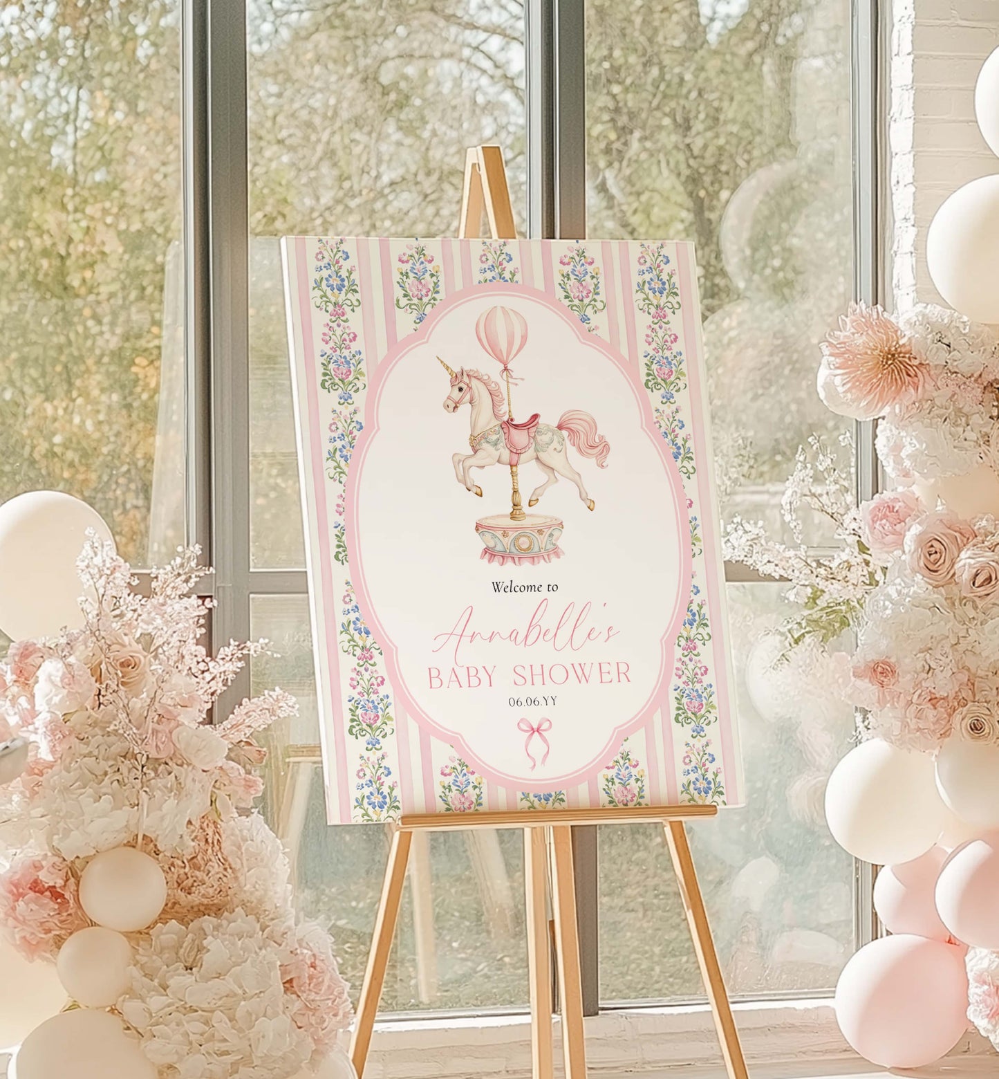 Carousel Horse Girl Baby Shower Printable Welcome Sign, Pink Whimsical Pink Vintage Circus Unicorn