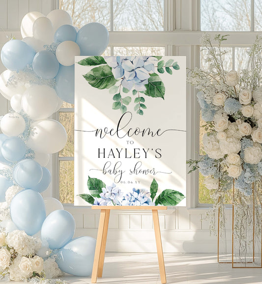 Decorative sign for a baby shower with balloons and flowers in a room. Printable Welcome Sign Template, Blue Hydrangea, Boy Baby Shower Welcome Sign, Bridal Shower Welcome Sign, Wedding Welcome Sign, Ferras