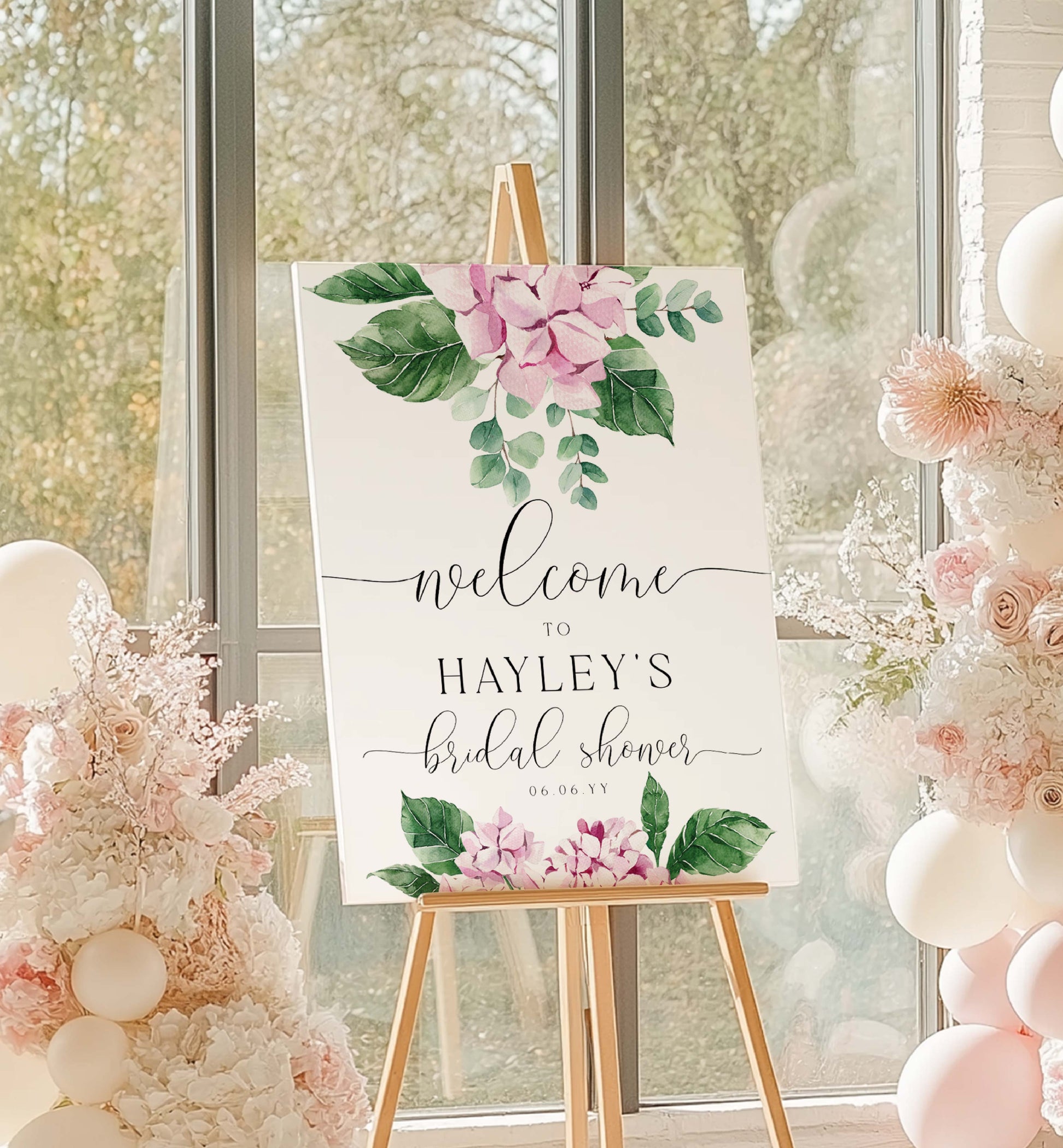 Decorative sign for a bridal shower with floral design and text on an easel. Printable Welcome Template, Pink Hydrangea Bridal Shower Welcome Sign, Girl Baby Shower Welcome Sign, Wedding Welcome Sign, Ferras Blossom