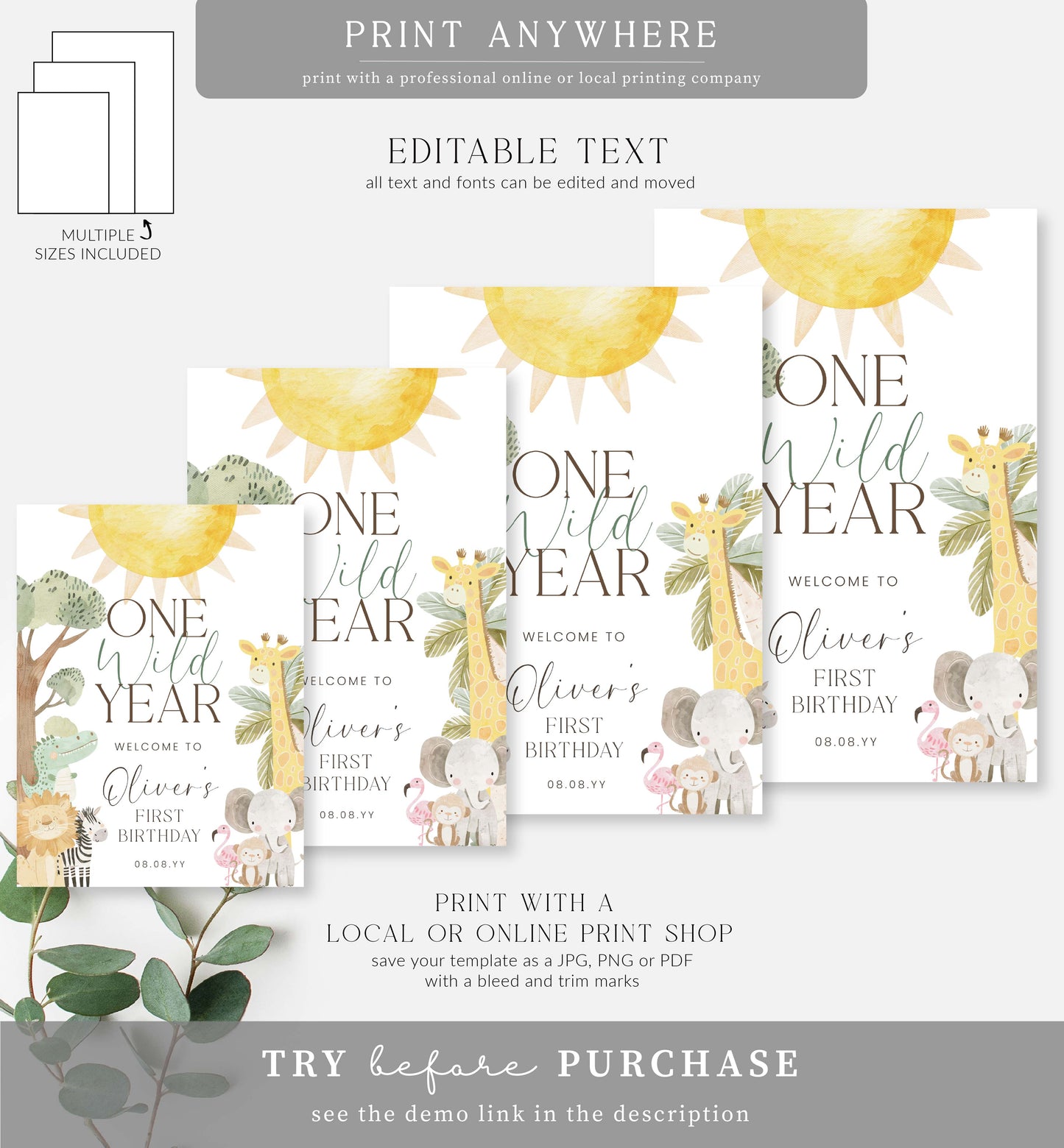 Nyala Safari | Printable One Wild Year Welcome Sign Template