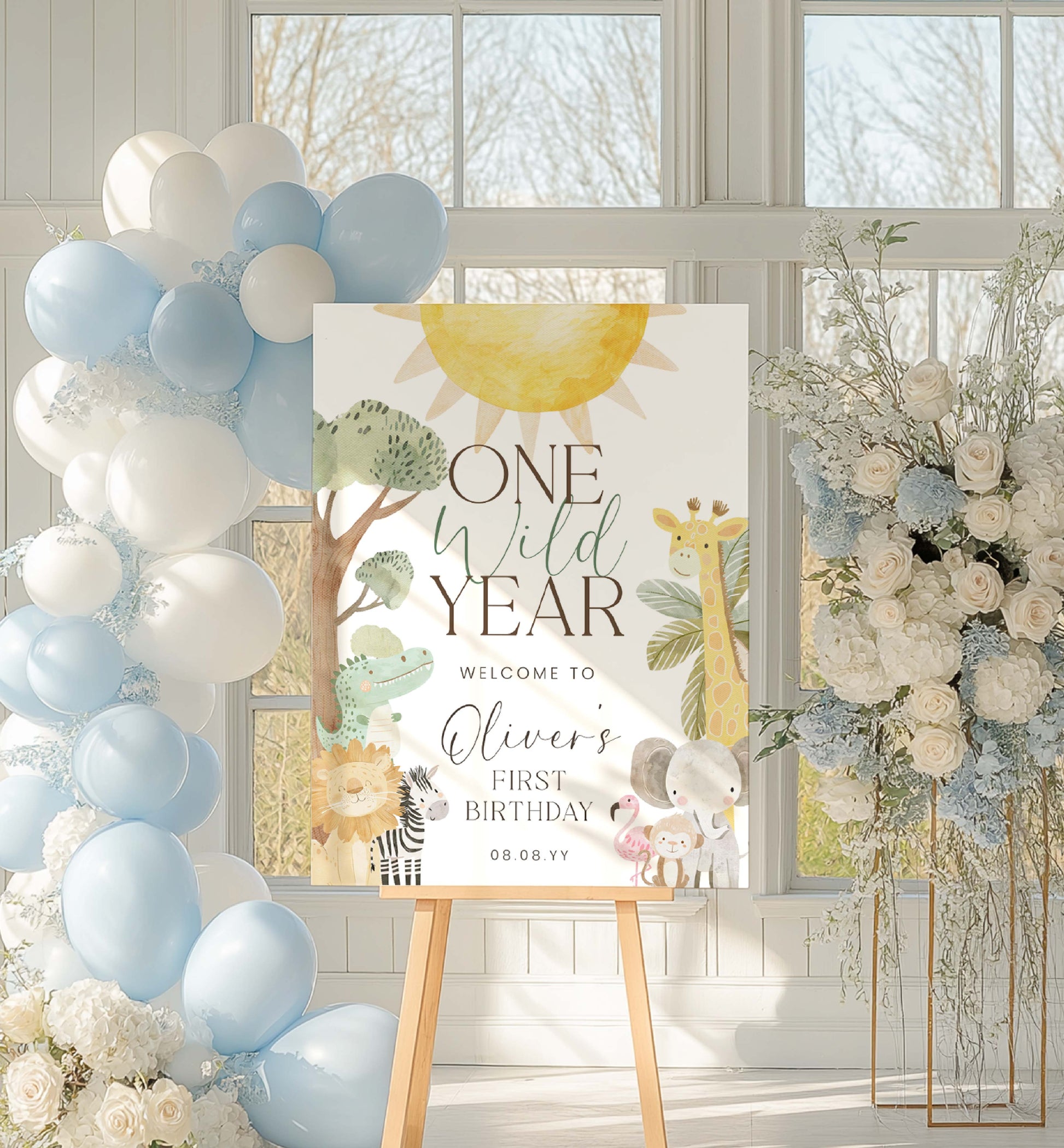 Birthday party setup with balloons, floral arrangement, and 'One Wild Year' sign. One Wild Year First Birthday Welcome Sign, Printable Safari 1st Birthday Party Sign, Boy Zoo Animal Welcome Sign, Jungle Animals Birthday, Nyala