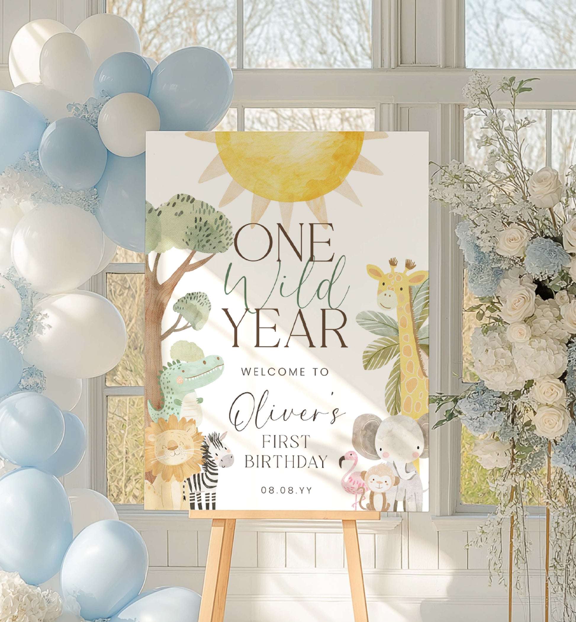 Birthday sign with animals and balloons in a decorated room. One Wild Year First Birthday Welcome Sign, Printable Safari 1st Birthday Party Sign, Boy Zoo Animal Welcome Sign, Jungle Animals Birthday, Nyala