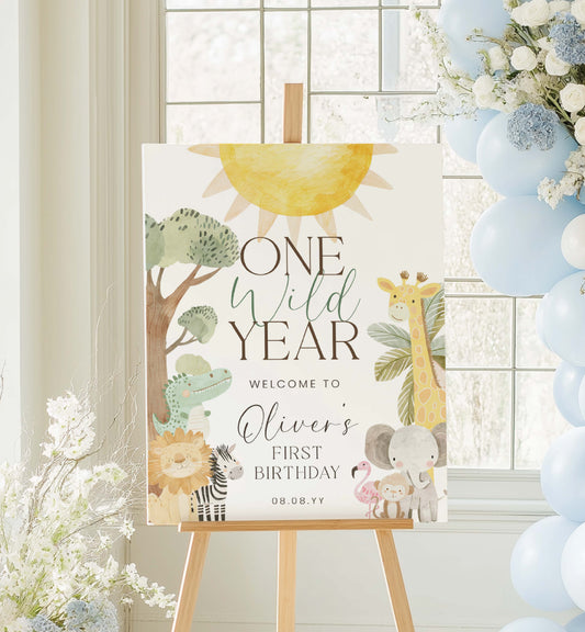 Birthday sign with animals and 'One Wild Year' text on an easel with balloons and flowers. One Wild Year First Birthday Welcome Sign, Printable Safari 1st Birthday Party Sign, Boy Zoo Animal Welcome Sign, Jungle Animals Birthday, Nyala